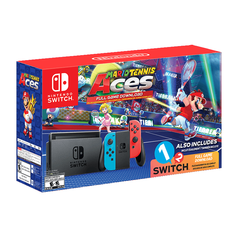 Nintendo Switch with Neon Blue and Neon Red Joy-Con, Mario Tennis Aces, and 1-2-Switch Bundle