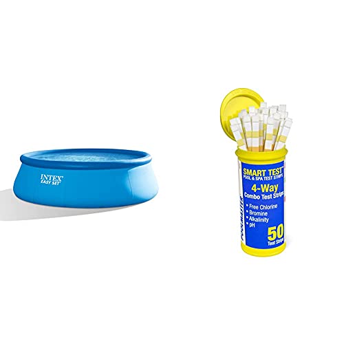 Intex 26175EH 18ft X 48in Easy Pool Set, 18 ft x 48 in, Blue & Poolmaster 22211 Smart 4-Way Swimming Pool and Spa Water Chemistry Test Strips, 1 Pack, White and Yellow