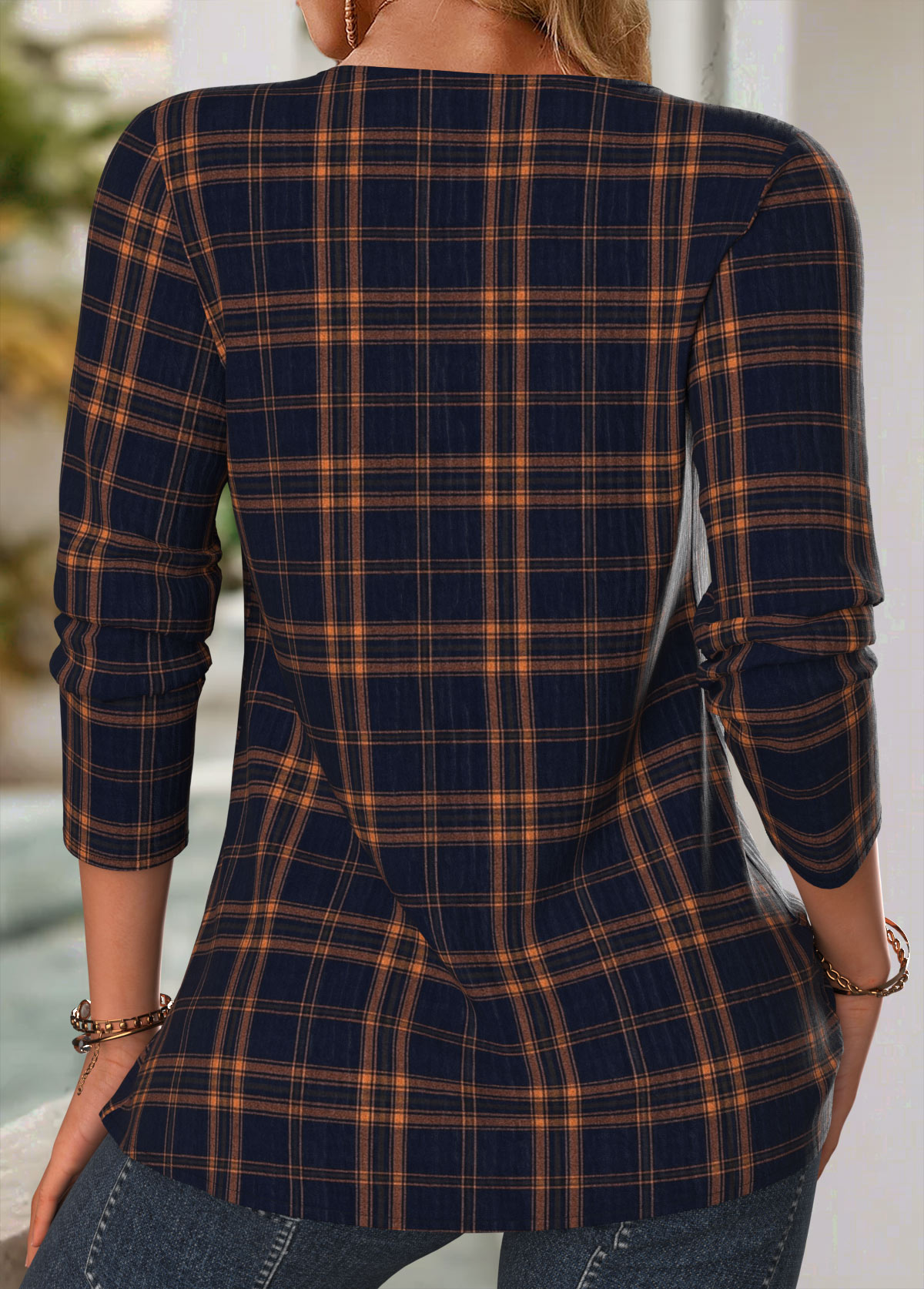 Navy Tuck Stitch Plaid Long Sleeve Split Neck Blouse